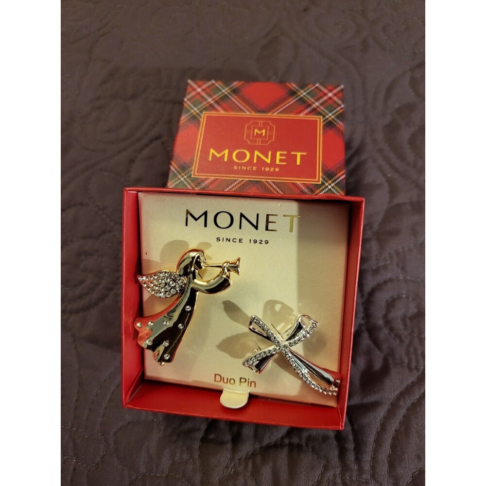Monet Duo Angel & Cross Brooch Set Christmas Rhinestone Gold Tone Silver Tone